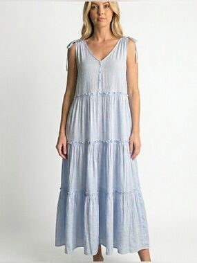 By The River Women's Tiered Maxi Dress Medium Light Blue Rayon Blend Cottagecore